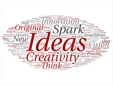 Vektör kavram ya da soyut kelime bulut üzerinde arka izole beyin fırtınası kavramsal yaratıcı yeni bir fikir. Spark yaratıcılık, özgün yenilik vizyon, düşünmek, başarı, akıllı dahi metin kolaj