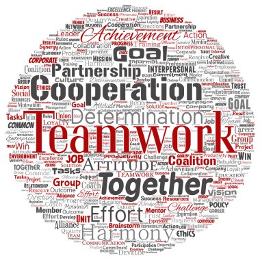 Vektör kavramsal ekip çalışması yönetimi yuvarlak daire kırmızı ortaklık fikri, başarı hedefi word cloud izole arka plan. Kolaj bir iş stratejisi olarak grup işbirliği çözüm ya da takım konsept tasarımı