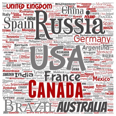 Vektör kavramsal dünya ülke ya da kıta kare kırmızı küresel birlik veya tatil seyahat kelime izole bulut arka plan. Uluslararası ulus coğrafya eğitim veya Turizm konsept tasarımı kolaj