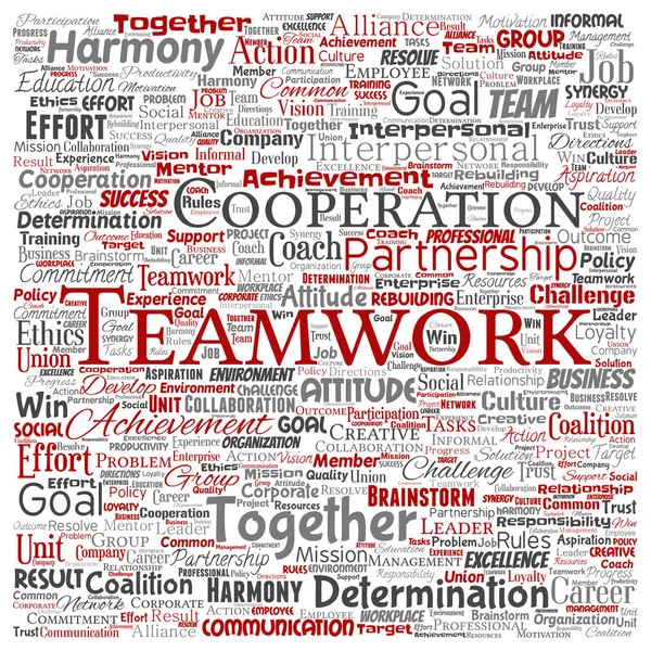 Kavramsal ekip çalışması yönetimi kare kırmızı ortaklık fikri veya başarı hedef sözcük vektör izole arka plan bulut. Kolaj bir iş stratejisi olarak grup işbirliği çözüm ya da takım konsept tasarımı