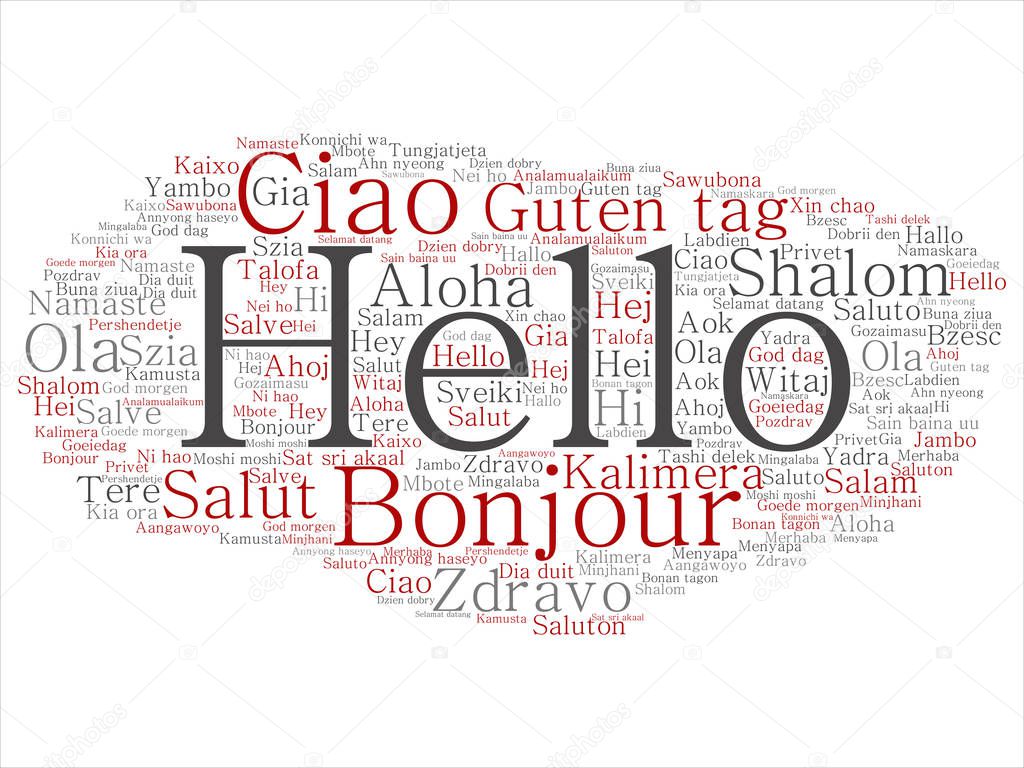 Vector concept or conceptual abstract hello or greeting international tourism word cloud in different languages or multilingual. Collage of world, foreign, worldwide travel, translate, vacation text
