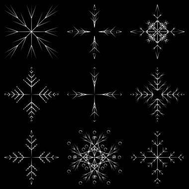 Koleksiyon artistik buz gibi soyut kristal kar kış Aralık dekorasyon grup veya koleksiyon olarak izole üzerinde arka plan pul. Buz veya Don güzel yıldız süs siluet veya sezon resmi