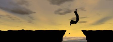 Kavram ya da kavramsal 3d resimde genç adam ya da işadamı siluet atlamak mutlu uçurumun üzerinden su gap gündoğumu veya günbatımı gökyüzü arka plan afiş