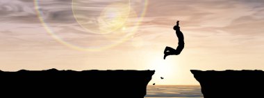 Kavram ya da kavramsal 3d resimde genç adam ya da işadamı siluet atlamak mutlu uçurumun üzerinden su gap gündoğumu veya günbatımı gökyüzü arka plan afiş