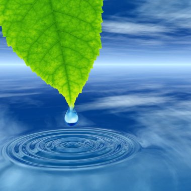 Kavram ya da kavramsal temiz kaynak suyu veya çiğ bırakın dalgalar yapma 3d illüstrasyon mavi temiz su üzerinde yeşil bir taze yaprak düşüyor