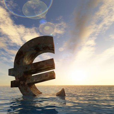Kavramsal 3d illüstrasyon para birimi euro işareti veya simge su, deniz ya da okyanus günbatımı arka plan kavramı Avrupa kriz için batıyor