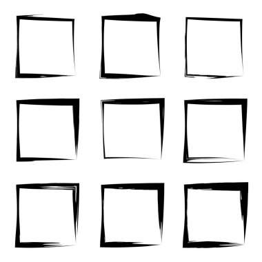 Koleksiyon veya sanatsal siyah boya el kümesi yaratıcı grungy fırça konturu kare kare veya beyaz arka plan üzerinde izole sınırları yaptı. Bir grunge eğitim kroki soyut yaratıcı mürekkep tasarım