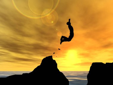 Kavram ya da kavramsal 3d resimde genç adam ya da işadamı siluet atlamak mutlu uçurumun üzerinden su gap gündoğumu veya günbatımı gökyüzü arka plan