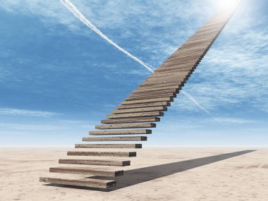 Concept or conceptual 3D illustration stair steps to heaven on sky background in desert with clouds clipart