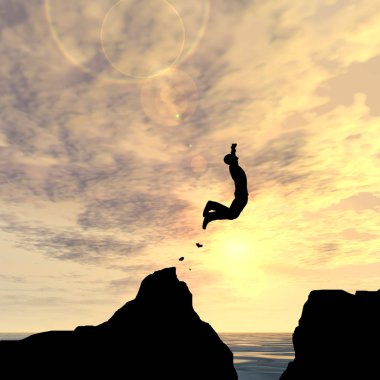 Kavram ya da kavramsal 3d resimde genç adam ya da işadamı siluet atlamak mutlu uçurumun üzerinden su gap gündoğumu veya günbatımı gökyüzü arka plan