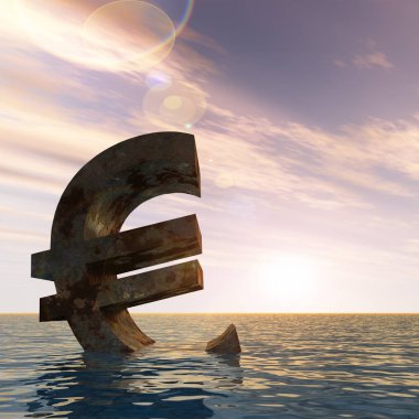 Kavramsal 3d illüstrasyon para birimi euro işareti veya simge su, deniz ya da okyanus günbatımı arka plan kavramı Avrupa kriz için batıyor