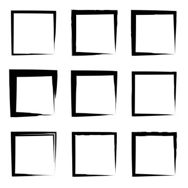 Koleksiyon veya sanatsal siyah boya el kümesi yaratıcı grungy fırça konturu kare kare veya beyaz arka plan üzerinde izole sınırları yaptı. Bir grunge eğitim kroki soyut yaratıcı mürekkep tasarım