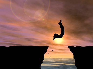 Kavram ya da kavramsal 3d resimde genç adam ya da işadamı siluet atlamak mutlu uçurumun üzerinden su gap gündoğumu veya günbatımı gökyüzü arka plan
