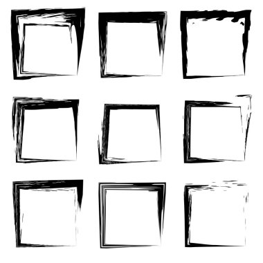 Koleksiyon veya sanatsal siyah boya el kümesi yaratıcı grungy fırça konturu kare kare veya beyaz arka plan üzerinde izole sınırları yaptı. Bir grunge eğitim kroki soyut yaratıcı mürekkep tasarım