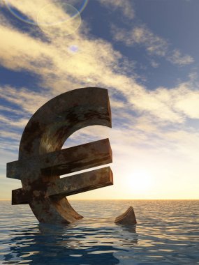 Kavramsal 3d illüstrasyon para birimi euro işareti veya simge su, deniz ya da okyanus günbatımı arka plan kavramı Avrupa kriz için batıyor
