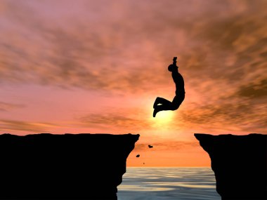 Kavram ya da kavramsal 3d resimde genç adam ya da işadamı siluet atlamak mutlu uçurumun üzerinden su gap gündoğumu veya günbatımı gökyüzü arka plan