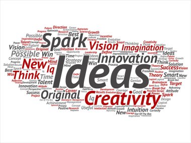 Kavram ya da soyut kelime beyin fırtınası kavramsal yaratıcı yeni bir fikir üzerinde izole arka plan bulut. Spark yaratıcılık, özgün yenilik vizyon, düşünmek, başarı, akıllı dahi metin kolaj