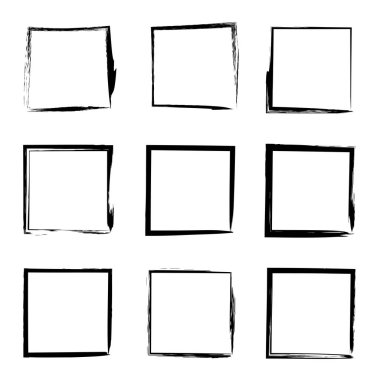 Koleksiyon veya sanatsal siyah boya el kümesi yaratıcı grungy fırça konturu kare kare veya beyaz arka plan üzerinde izole sınırları yaptı. Bir grunge eğitim kroki soyut yaratıcı mürekkep tasarım