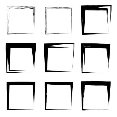 Koleksiyon veya sanatsal siyah boya el kümesi yaratıcı grungy fırça konturu kare kare veya beyaz arka plan üzerinde izole sınırları yaptı. Bir grunge eğitim kroki soyut yaratıcı mürekkep tasarım