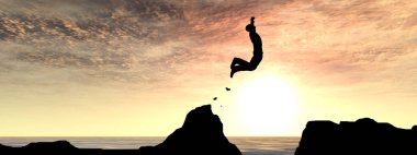 Kavram ya da kavramsal 3d resimde genç adam ya da işadamı siluet atlamak mutlu uçurumun üzerinden su gap gündoğumu veya günbatımı gökyüzü arka plan afiş