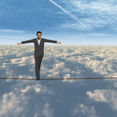 3d işadamı veya kriz dengede ipi bulutlar gökyüzü kare arka plan üzerinde yürüyen adam kavramsal kavramı