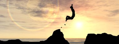 Kavram ya da kavramsal 3d resimde genç adam ya da işadamı siluet atlamak mutlu uçurumun üzerinden su gap gündoğumu veya günbatımı gökyüzü arka plan afiş