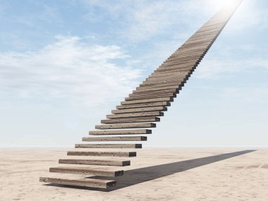 Kavram ya da kavramsal 3d illüstrasyon merdiven merdiven cennete çölde bulutlu gökyüzü arka plan üzerinde