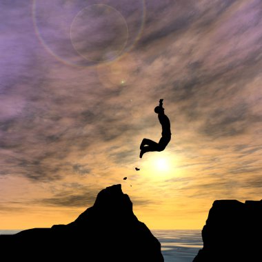 Kavram ya da kavramsal 3d resimde genç adam ya da işadamı siluet atlamak mutlu uçurumun üzerinden su gap gündoğumu veya günbatımı gökyüzü arka plan