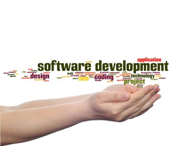 Kavram ya da teknoloji soyut kelime bulut üzerinde arka izole elinde kodlama kavramsal yazılım geliştirme projesi