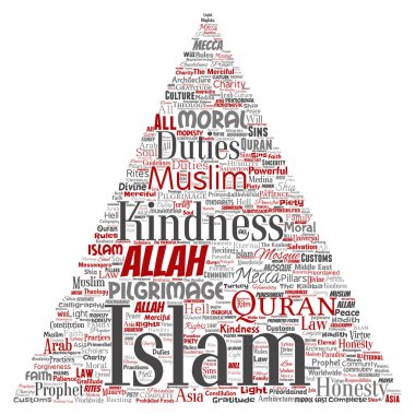 Kavramsal islam, Peygamber, cami üçgen ok kırmızı kelime izole bulut arka plan. Müslüman, ramadam, Kur'an-ı Kerim, Hac, Allah'ın, görevleri, sanat, hat, oryantal, gelenek kavramı kolaj