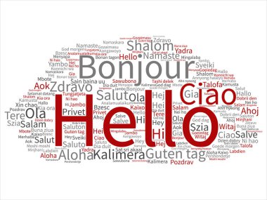 Kavram ya da kavramsal soyut Merhaba ya da uluslararası turizm kelime bulutu farklı dillerde veya çok dilli tebrik. Dünya, yabancı, dünya çapında seyahat, kolaj çevirmek, tatil metin