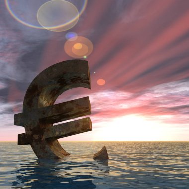 Kavramsal 3d illüstrasyon para birimi euro işareti veya simge su, deniz ya da okyanus günbatımı arka plan kavramı Avrupa kriz için batıyor