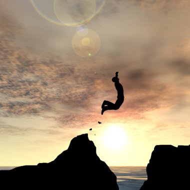 Kavram ya da kavramsal 3d resimde genç adam ya da işadamı siluet atlamak mutlu uçurumun üzerinden su gap gündoğumu veya günbatımı gökyüzü arka plan