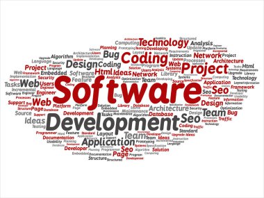 Kavram ya da kavramsal yazılım geliştirme projesi teknoloji soyut kelime bulutu kodlama arka plan izole. Uygulama web tasarım, seo fikir, uygulama, test yükseltme metin kolaj