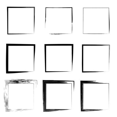 Koleksiyon veya sanatsal siyah boya el kümesi yaratıcı grungy fırça konturu kare kare veya beyaz arka plan üzerinde izole sınırları yaptı. Bir grunge eğitim kroki soyut yaratıcı mürekkep tasarım