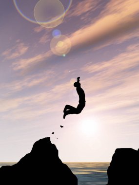 Kavram ya da kavramsal 3d resimde genç adam ya da işadamı siluet atlamak mutlu uçurumun üzerinden su gap gündoğumu veya günbatımı gökyüzü arka plan