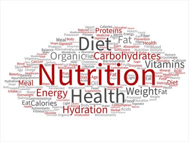 Kavram ya da kavramsal beslenme sağlık diyet soyut kelime izole bulut arka plan. Karbonhidratlar, vitaminler, yağ, ağırlık, enerji, antioksidanlar Güzellik Tıp, mineral, protein metin kolaj