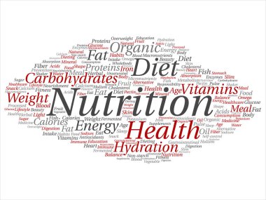 Kavram ya da kavramsal beslenme sağlık diyet soyut kelime izole bulut arka plan. Karbonhidratlar, vitaminler, yağ, ağırlık, enerji, antioksidanlar Güzellik Tıp, mineral, protein metin kolaj