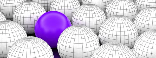 Concept or conceptual 3D illustration wireframe black and white group of spheres or balls with a special different one standing out of crowd background banner