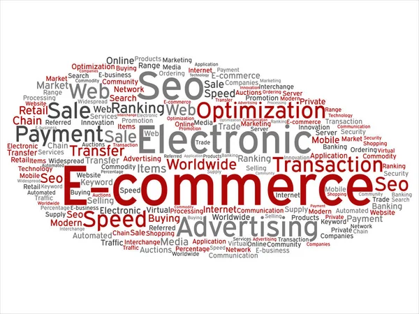 Vector concept conceptual E-commerce electronic sales abstract word cloud isolated on background metaphor to seo, optimization, transaction, web advertising, e-business, technology, worldwide supply