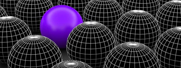 Concept or conceptual 3D illustration wireframe black and white group of spheres or balls with a special different one standing out of crowd background banner