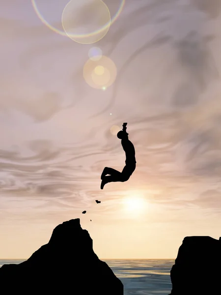 Concept Conceptual Illustration Young Man Businessman Silhouette Jump Happy Cliff — Stock Photo, Image
