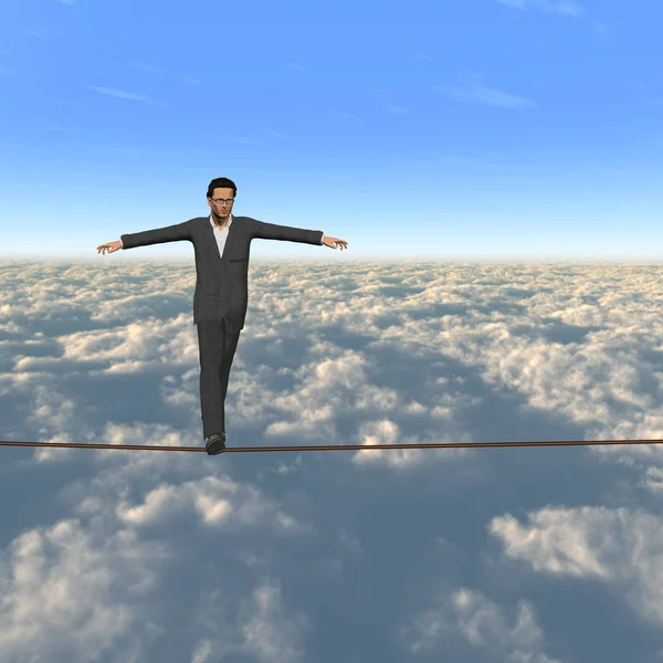 Conceptual Concept Businessman Man Crisis Walking Balance Rope Clouds Sky — Stock Photo, Image