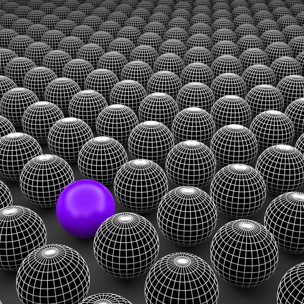 Concept or conceptual 3D illustration wireframe black and white group of spheres or balls with a special different one standing out of crowd background