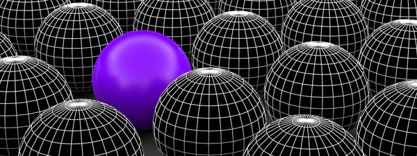 Concept or conceptual 3D illustration wireframe black and white group of spheres or balls with a special different one standing out of crowd background banner