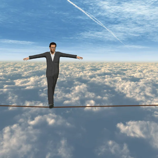 Conceptual Concept Businessman Man Crisis Walking Balance Rope Clouds Sky — Stock Photo, Image