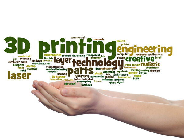 Concept or conceptual 3D printing creative laser technology abstract word cloud in hands isolated on background