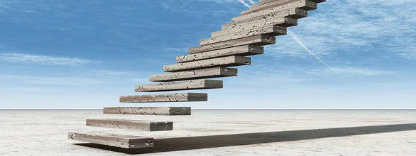 概念或概念3D 例证台阶跨步到天堂在天空背景在沙漠与云彩横幅 — 图库照片
