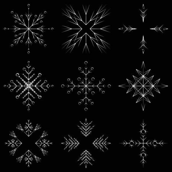收集艺术冰抽象水晶雪片隔绝在背景作为冬季12月装饰组或集合 冰或霜冻美丽的明星饰品剪影或季节艺术 — 图库照片