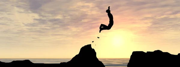 概念または概念の 図若い男性やビジネスマンのシルエット ジャンプ幸せ水ギャップ夕日や日の出空背景バナー上の崖から — ストック写真